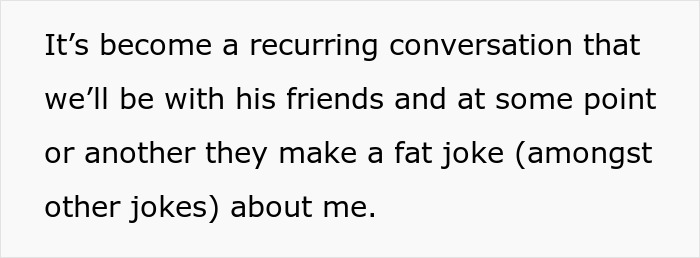 Text describing recurring fat jokes by husband's friends about woman
