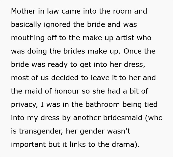 Text detailing mother-in-law ignoring bride and drama during wedding makeup session Text detailing mother-in-law ignoring bride and drama during wedding makeup session