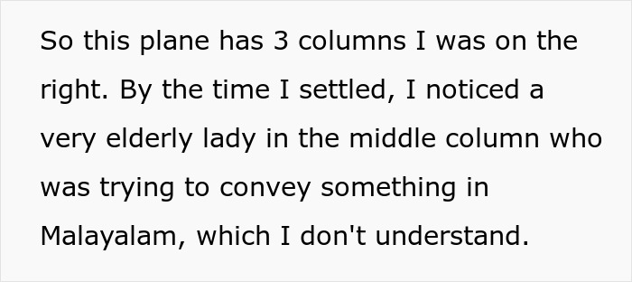 Text states an elderly lady in a plane's middle column tried to convey something in Malayalam, related to Karen Shames Guy.