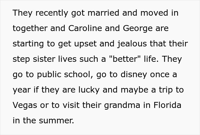 Text overlay reveals stepsiblings' jealousy over a wealthy woman's niece, highlighting parents' demand to spoil them too.