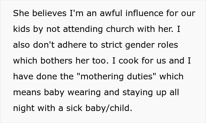 Text about conflicting gender roles and parenting duties in troubled marriage