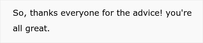 Text thanking everyone for advice given