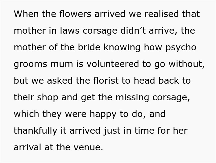 Text describing mother-in-law's missing corsage on wedding day causing tension Text describing mother-in-law's missing corsage on wedding day causing tension
