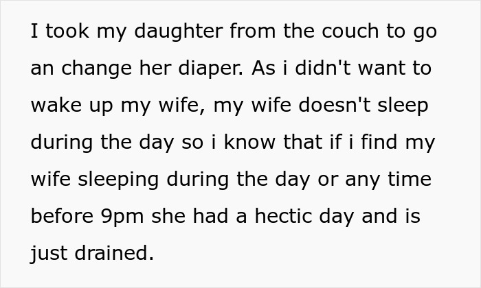 Text snippet detailing a husband taking care of his daughter to let his postpartum wife rest, highlighting support during a difficult time.