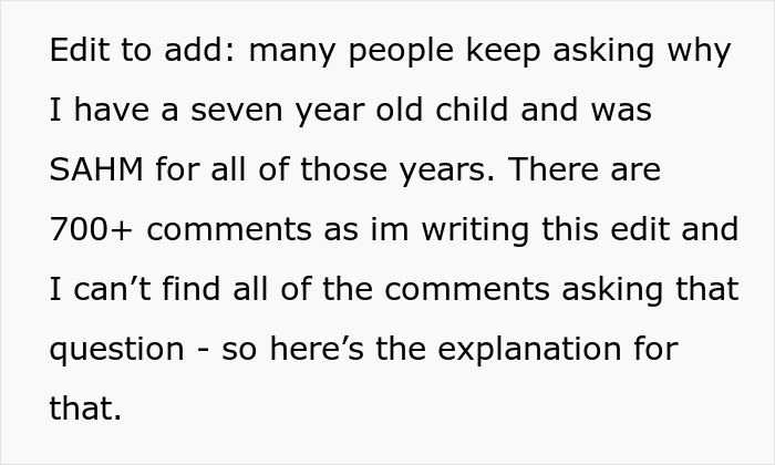 A text box update clarifying why the SAHM was a stay-at-home mom for years, responding to reader inquiries.
