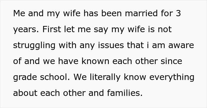 Screenshot of text about a married couple, emphasizing no postpartum wife issues, leading to divorce.