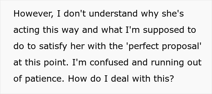 Text expressing confusion about perfect proposal and running out of patience