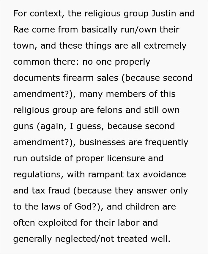 Text about restrictive religious community's gun laws and exploitation issues