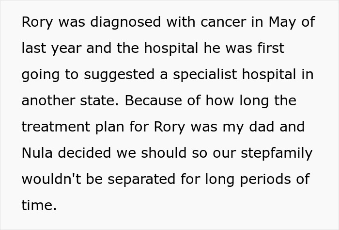 Text about stepbrother's cancer diagnosis and family treatment plan