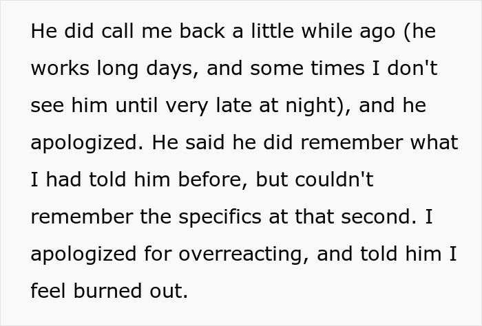 Text describes a man apologizing for not remembering details about his wife's job. This relates to a wife's job discussion.