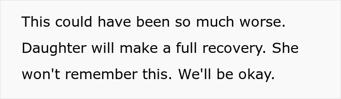 Text: This could have been so much worse. Daughter will make a full recovery. She won't remember this. We'll be okay. The family coping after a grandchild's allergies led to an ER visit.