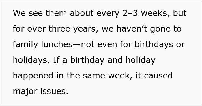 Text image: family conflict over holidays and family lunches for three years, creating major issues.