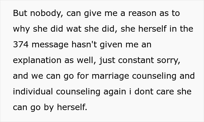 Text on a white background, a husband's explanation of a postpartum wife's actions and lack of remorse, leading to divorce papers.