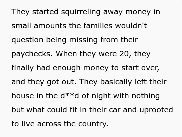Text about saving money secretly to escape insular religious community