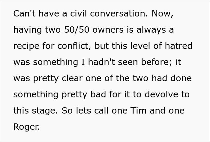 Text about conflict between two 50 50 owners escalating Text about conflict between two 50 50 owners escalating