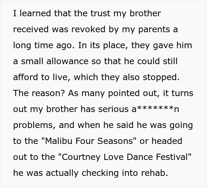 Text detailing a brother's trust revoked by parents, replaced with allowance and rehab visits, impacting wedding money.