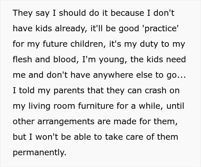 Text excerpt explaining refusal to permanently care for relatives despite pressure Text excerpt explaining refusal to permanently care for relatives despite pressure