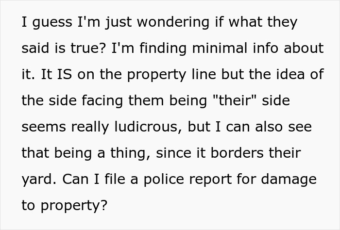 Text questioning legality of filing police report for fence damage