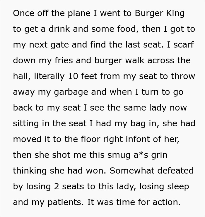 Text describing encounter with woman sitting in seat and smug expression during flight