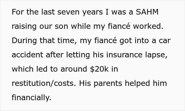 Text describes a SAHM whose fianc&eacute; caused $20k in debt due to a car accident with lapsed insurance.