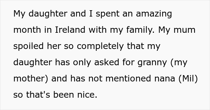 Text on a screen discussing a daughter's allergies and a trip to Ireland, hinting at MIL conflict about allergies.