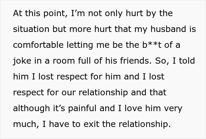 Text expressing hurt and loss of respect in relationship with husband's friends