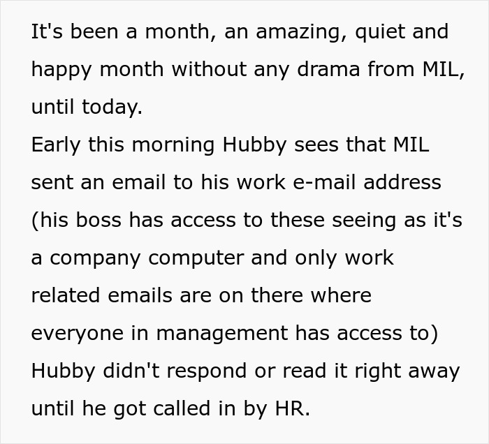An unhinged MIL sends an email to her son-in-law's work email, causing HR involvement and family drama.
