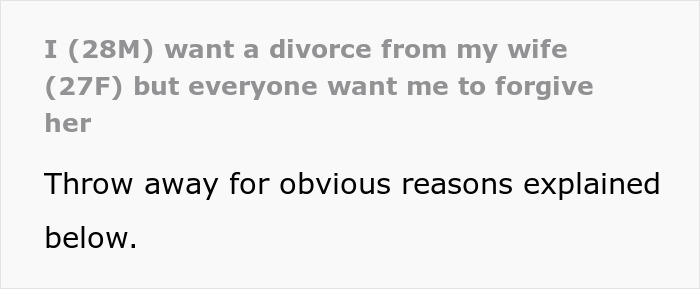 A text post showing a 28M wants divorce from his 27F wife. Postpartum wife issues.