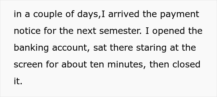 Text from a story, describing a person's reaction to a payment notice for the next semester after losing funds.