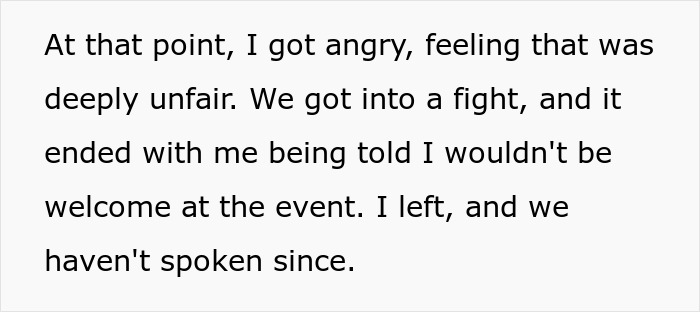 Text about argument over event attendance and relationship fallout