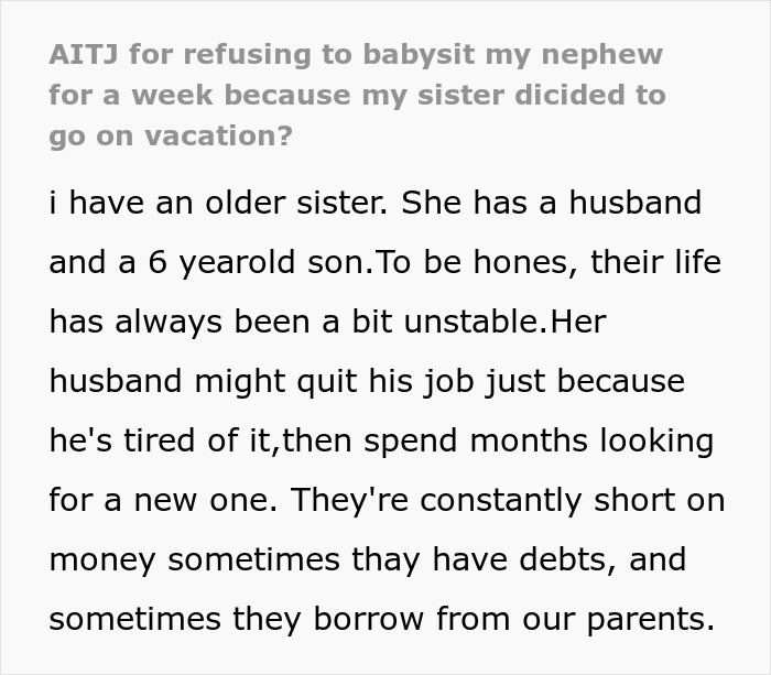 Sis Goes On Vacay While Deep In Debt To Her Brother, Then Calls Him Selfish For Refusing To Babysit Sis Goes On Vacay While Deep In Debt To Her Brother, Then Calls Him Selfish For Refusing To Babysit