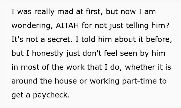 Text overlay: A woman's thoughts on why she won't discuss her job with her husband, who was never interested.