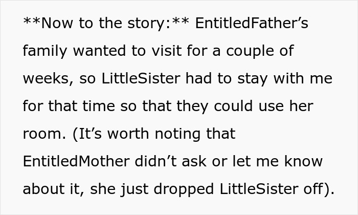Text about youngest sister staying with narrator during family visit, sibling revenge