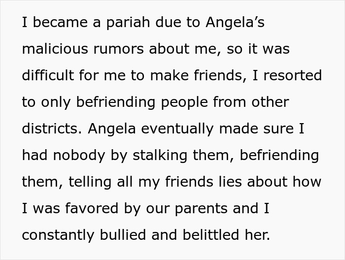 Text describing social isolation and bullying caused by Angela's rumors Text describing social isolation and bullying caused by Angela's rumors