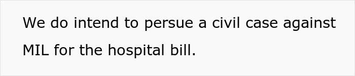 Text: We do intend to pursue a civil case against MIL for the hospital bill. Highlight: Grandkid's Allergies, ER.