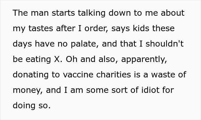Text detailing boss talking down about tastes and criticizing vaccine donations Text detailing boss talking down about tastes and criticizing vaccine donations