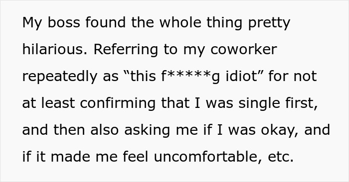 Text describing a boss's reaction to a coworker thinking a casual lunch was a date.