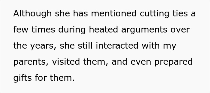 A screenshot of text on a light gray background, detailing a sly fianc&eacute;e's manipulative actions regarding parents.