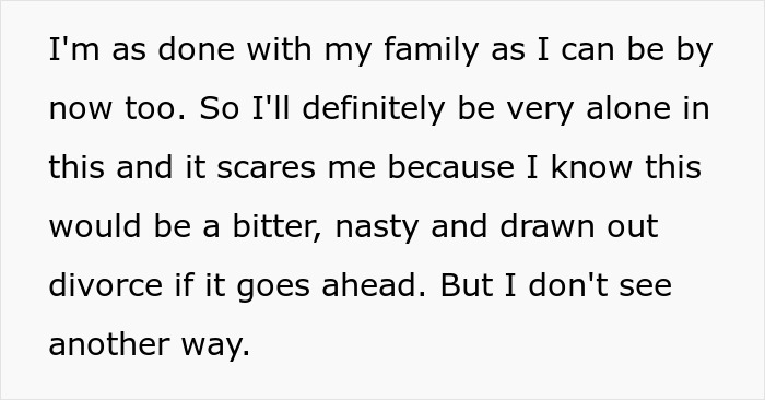 Text about fear and loneliness facing a bitter and drawn out divorce