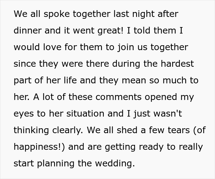Message about successful dinner and wedding planning with late husband's parents