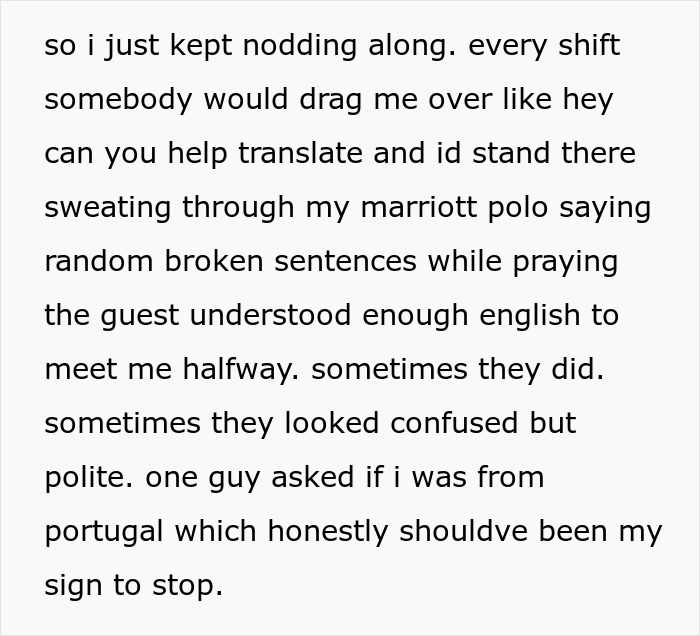 Text about struggling with basic Spanish while working Text about struggling with basic Spanish while working
