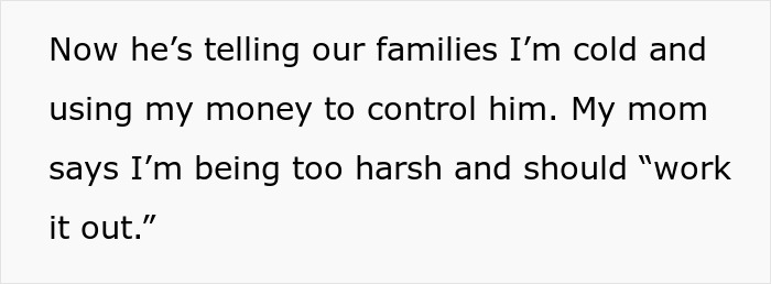 Text showing fianc&eacute; accusing woman of controlling money and coldness