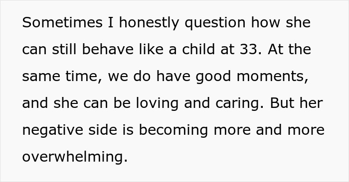 Text from an online post about a wife's behavior on her honeymoon, discussing her childlike nature and overwhelming negative side.
