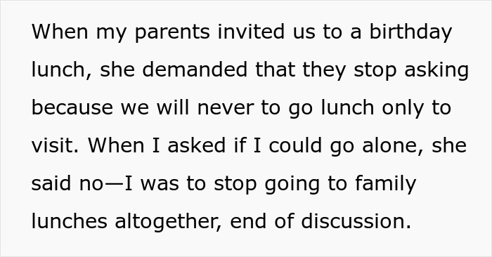 Text excerpt: Fianc&eacute;e expects guy to cut off his parents, demanding he stops attending family lunches.