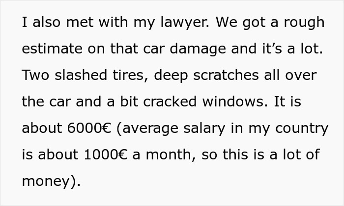 Text estimating car damage cost with slashed tires and scratched windows