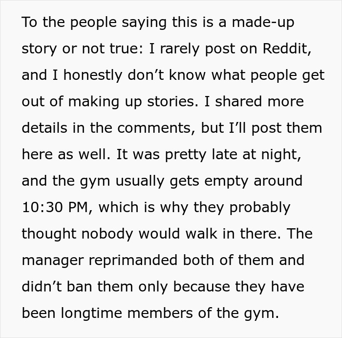 Text addressing accusations of made-up gym outing story Text addressing accusations of made-up gym outing story