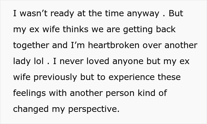 A screenshot of text about an ex wanting to reconcile after her affair, now heartbroken over another lady. A screenshot of text about an ex wanting to reconcile after her affair, now heartbroken over another lady.
