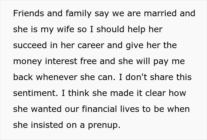 Wife Demands Prenup To Protect Her Income, Hubby Offers Her An 8% Interest Loan When She Needs Help