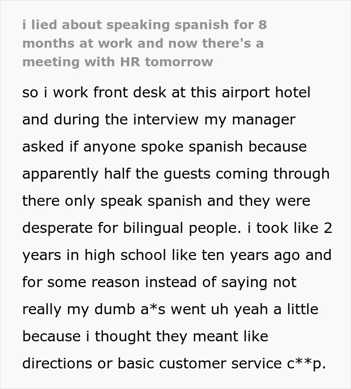 Text story about lying regarding speaking Spanish at work Text story about lying regarding speaking Spanish at work