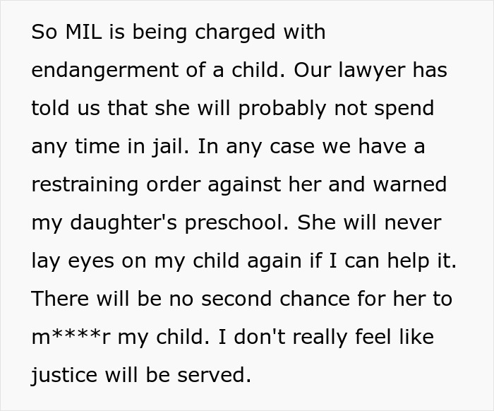Text from MIL refuses to believe allergies are real. MIL charged with endangerment after grandkid's ER visit.